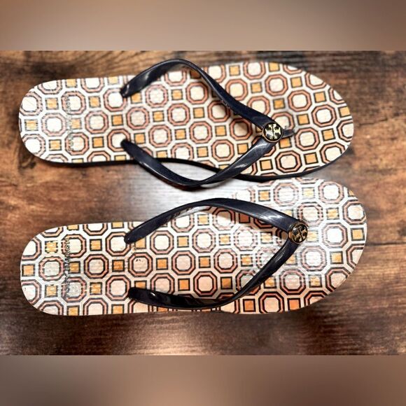 Tory Burch Navy and Orange Geo Print Flip Flops  Size 6.5/7 - Picture 1 of 11
